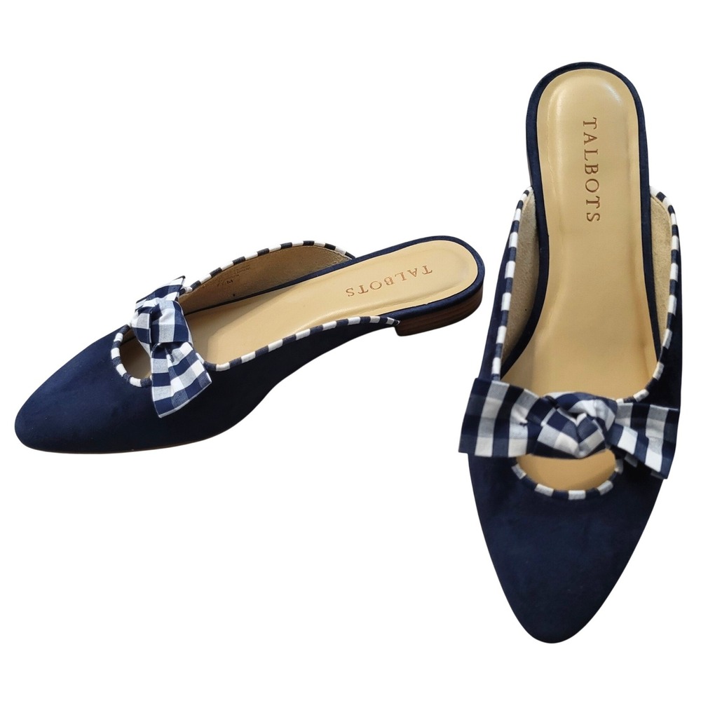 Talbots Edison Bow Mules Indigo Blue Gingham Navy Suede Pointed Toe Flats 7.5‎